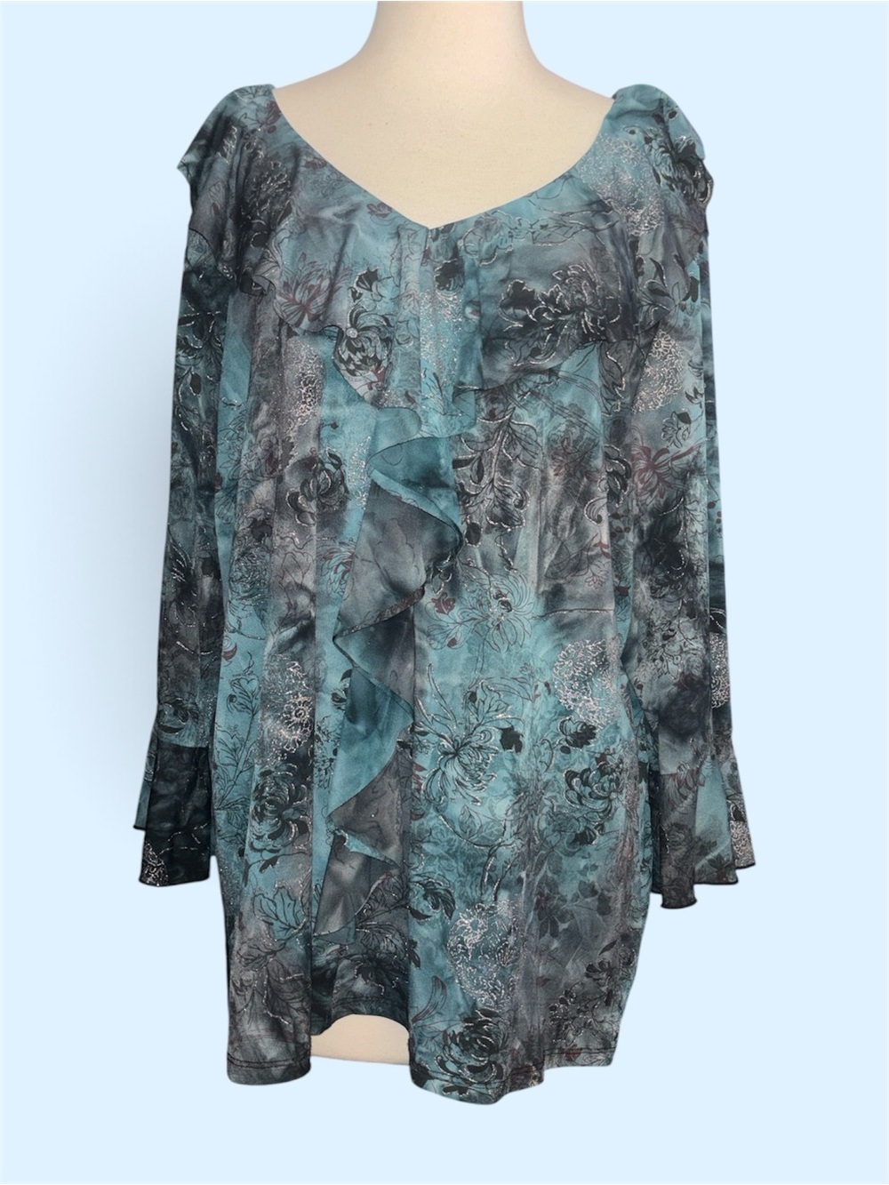 dressbarn Teal and Charcoal Floral Ruffle V-Neck Blouse